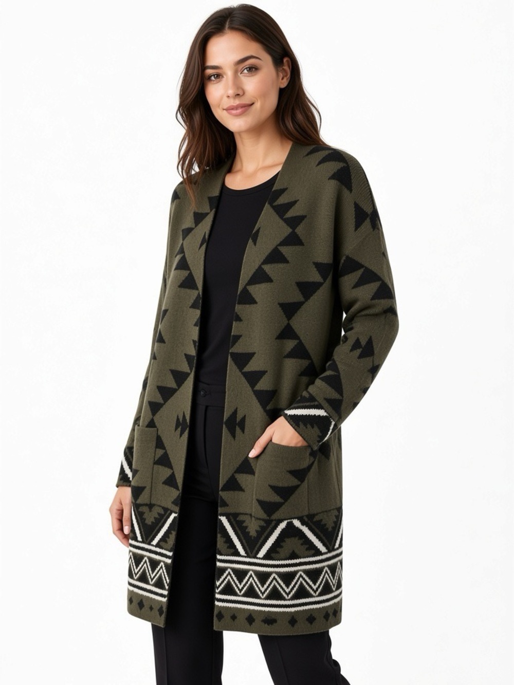 FRYE Olive Green and Black Geometric Open-Front Cardigan